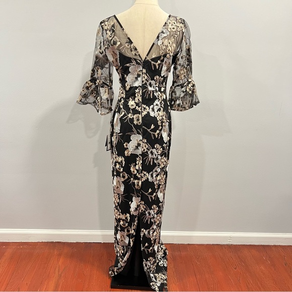 Adrianna Papell Black With Multicolor Floral Embroidery V-Neck 3/4 Sleeves Gown - Picture 8 of 15